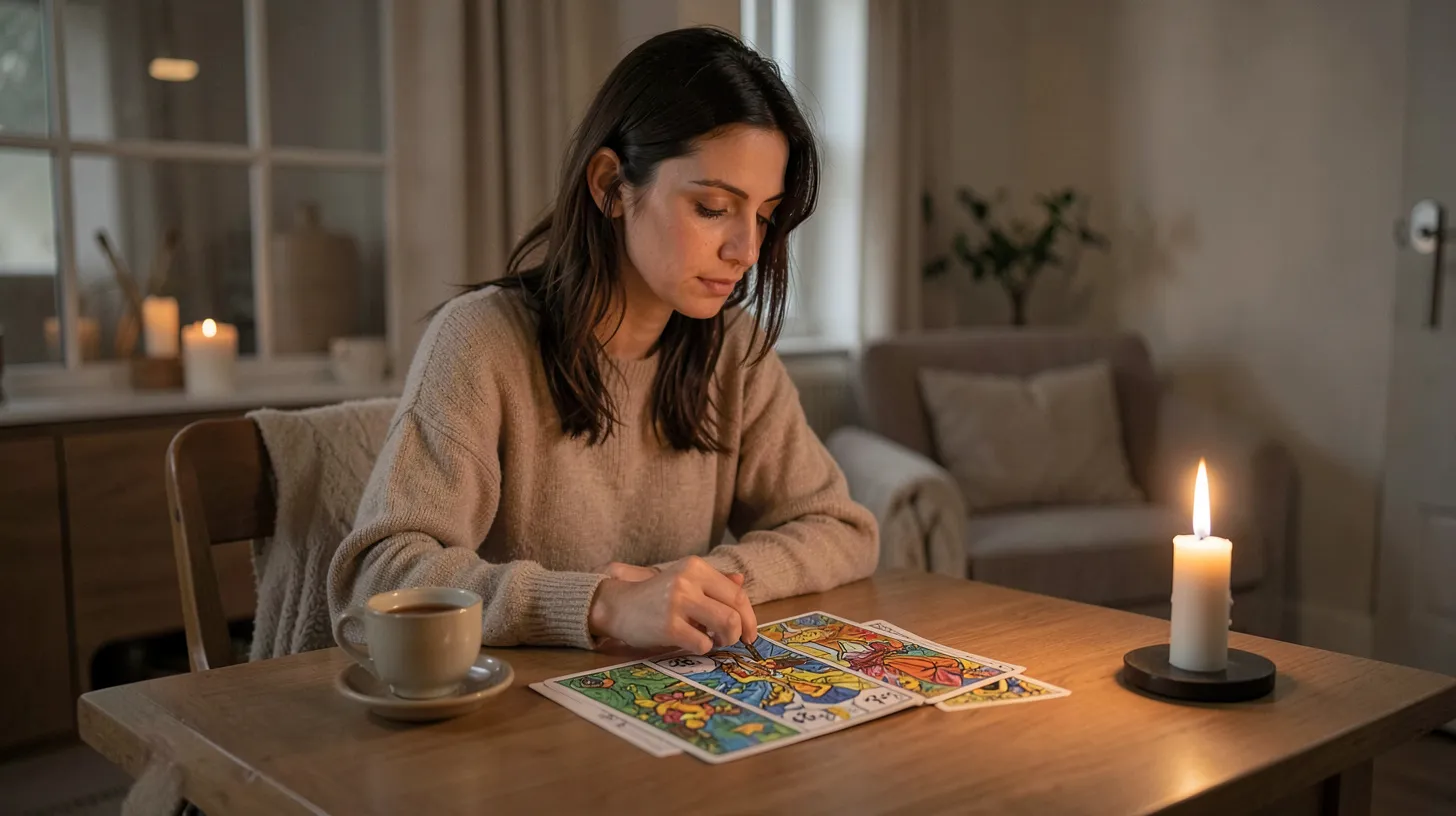 Femme réfléchissant à la dynamique d’une relation avec un tirage de tarot