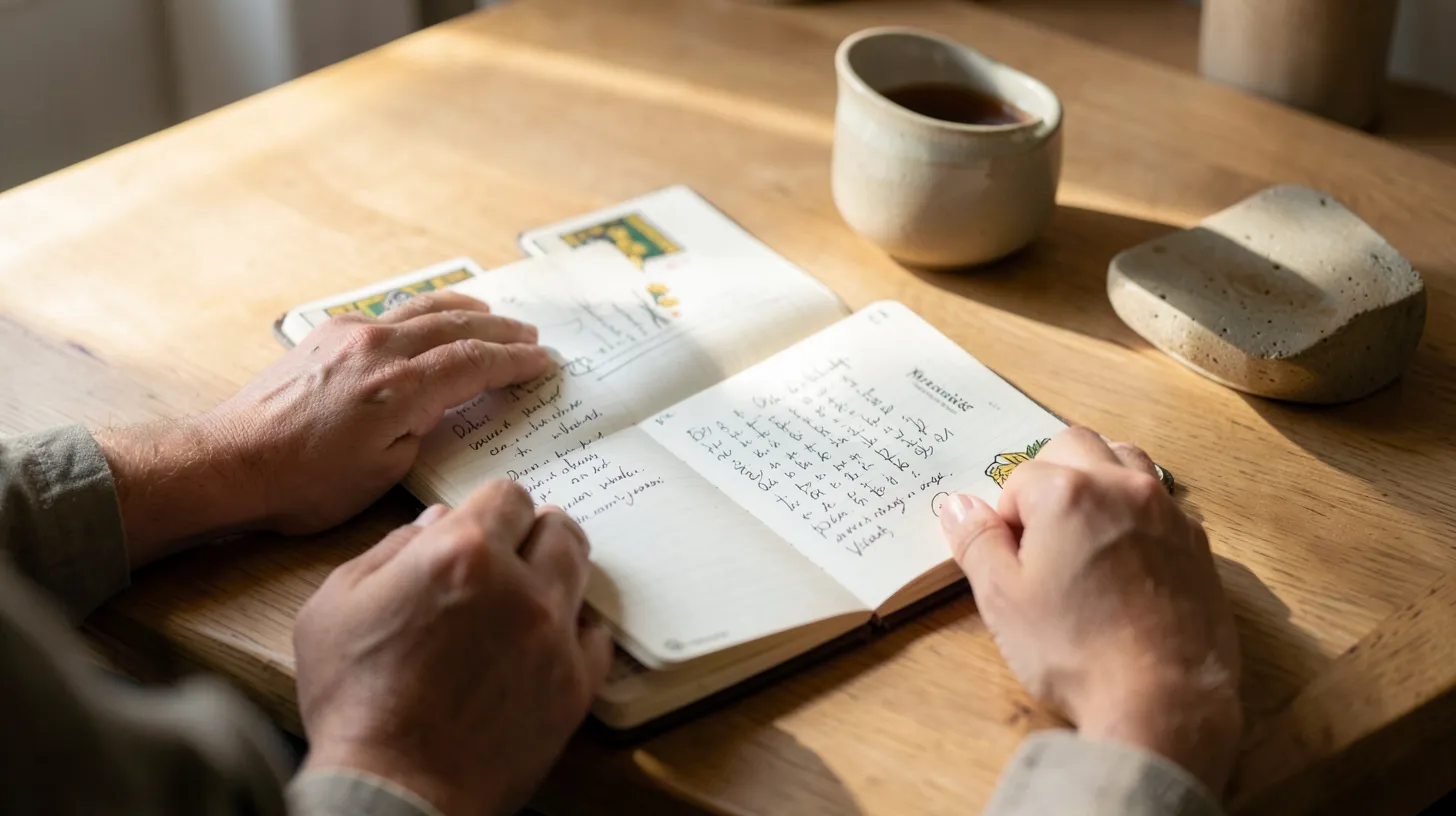 Préparation calme d’un tirage de tarot relationnel avec carnet et cartes