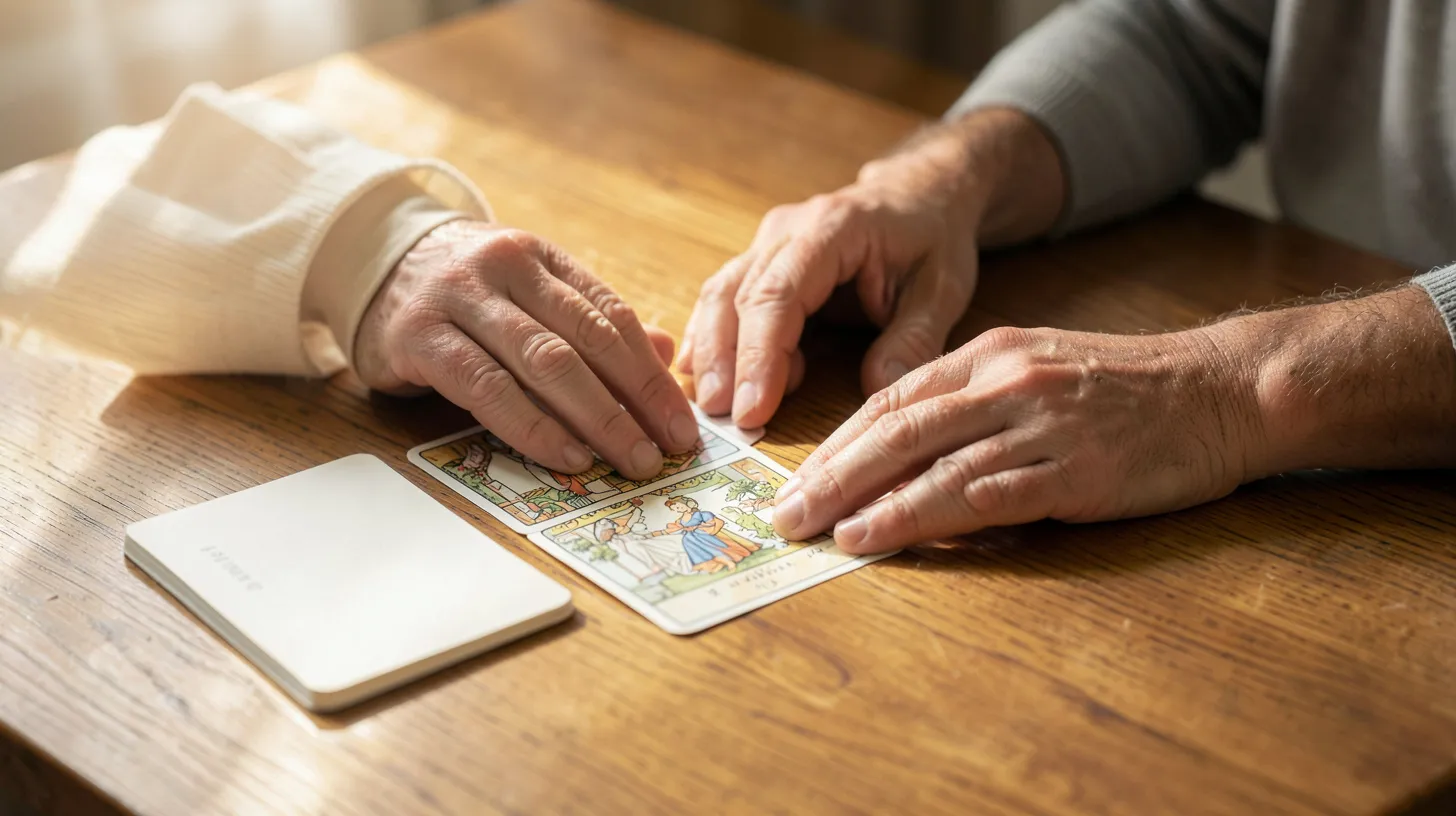 Mains près d’un tirage de tarot illustrant la qualité d’un lien affectif