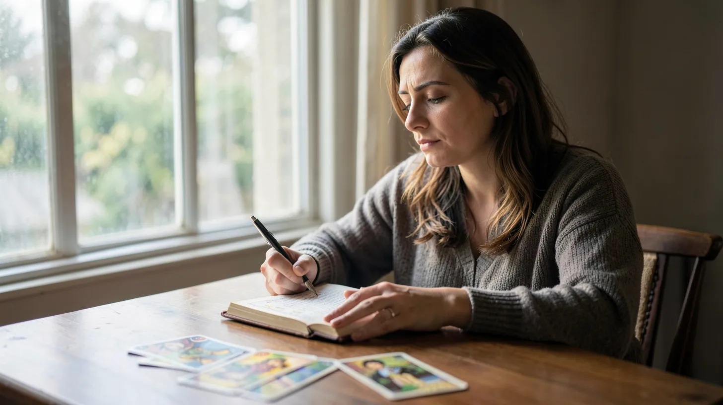 Personne refermant son carnet après un tirage de tarot amoureux