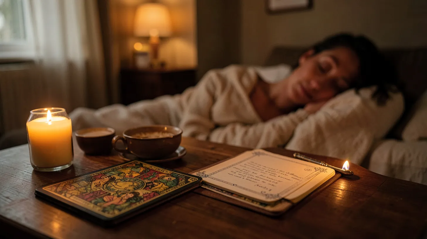 Jeu de tarot fermé, thé et carnet dans une pièce chaleureuse et apaisante.