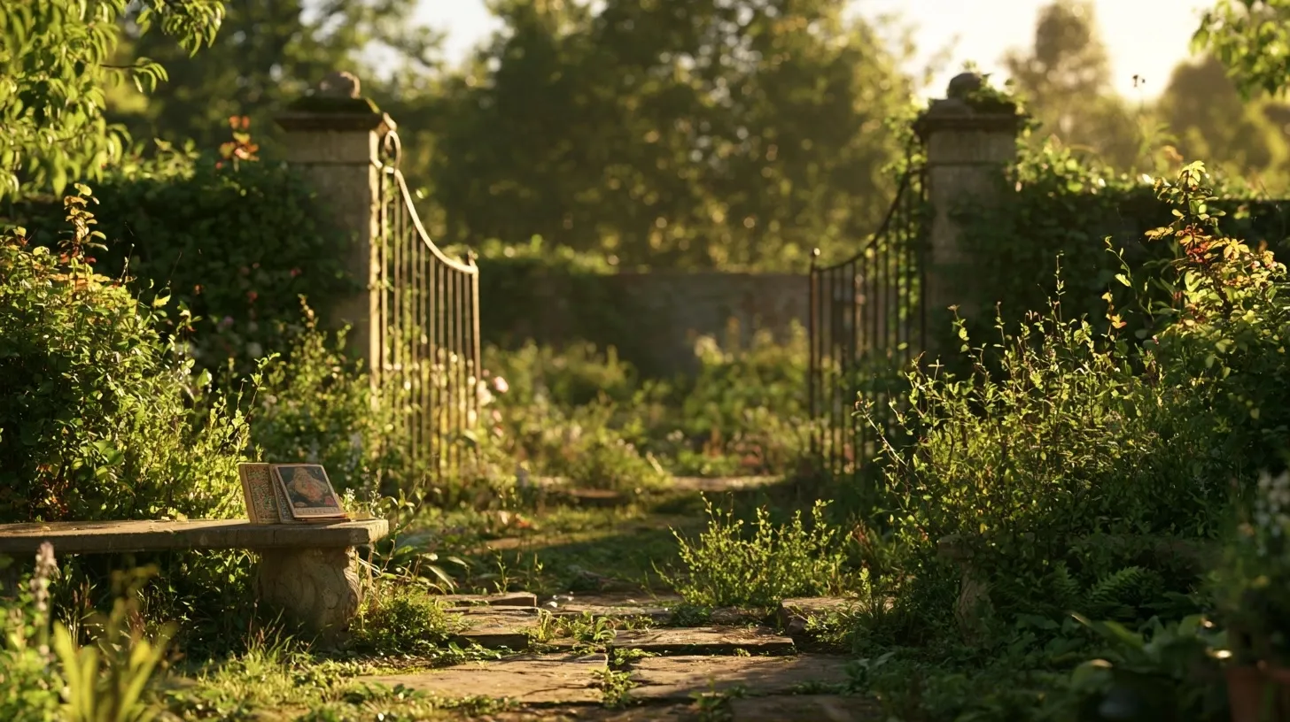 Portail de jardin ouvert sur de jeunes plantes au printemps.