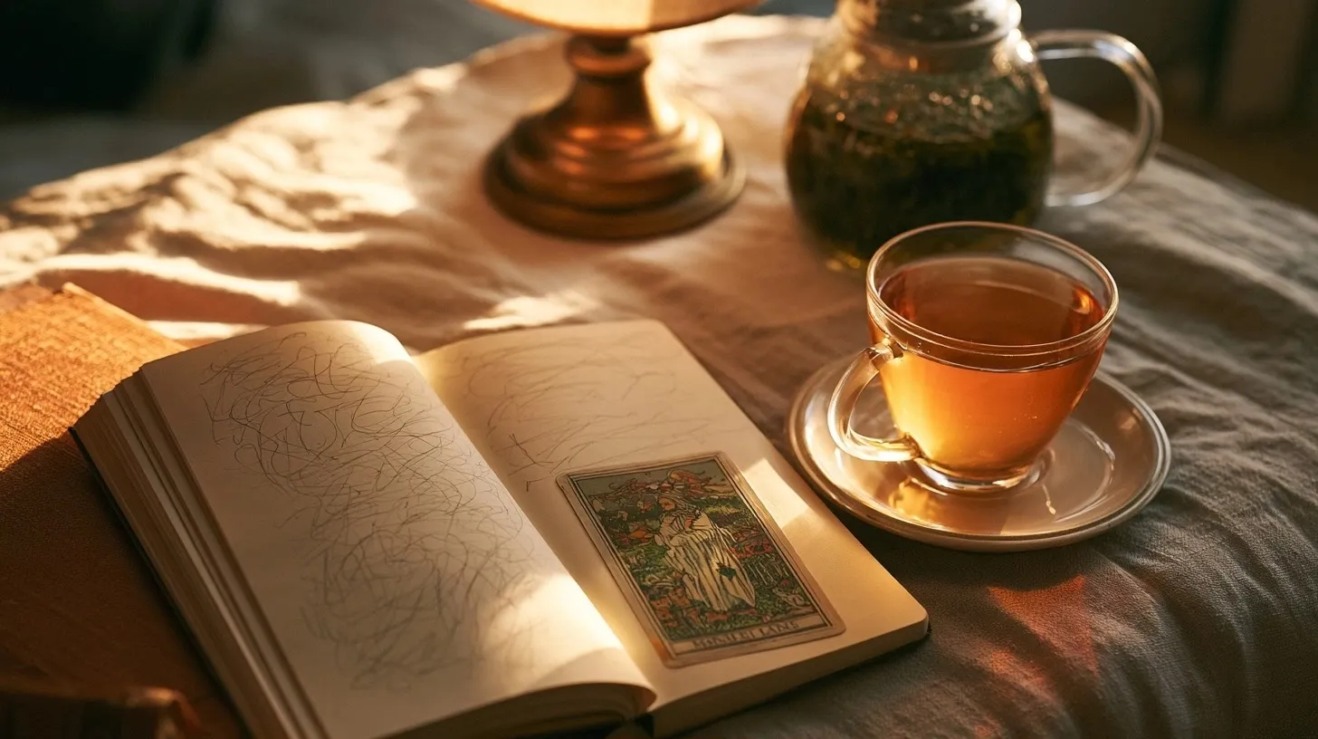 Carnet, carte de tarot et tisane sur un tissu texturé.