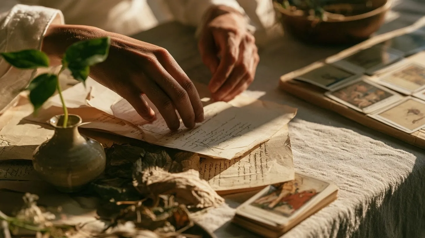 Mains triant des feuilles et un jeu de tarot près d’une jeune pousse.