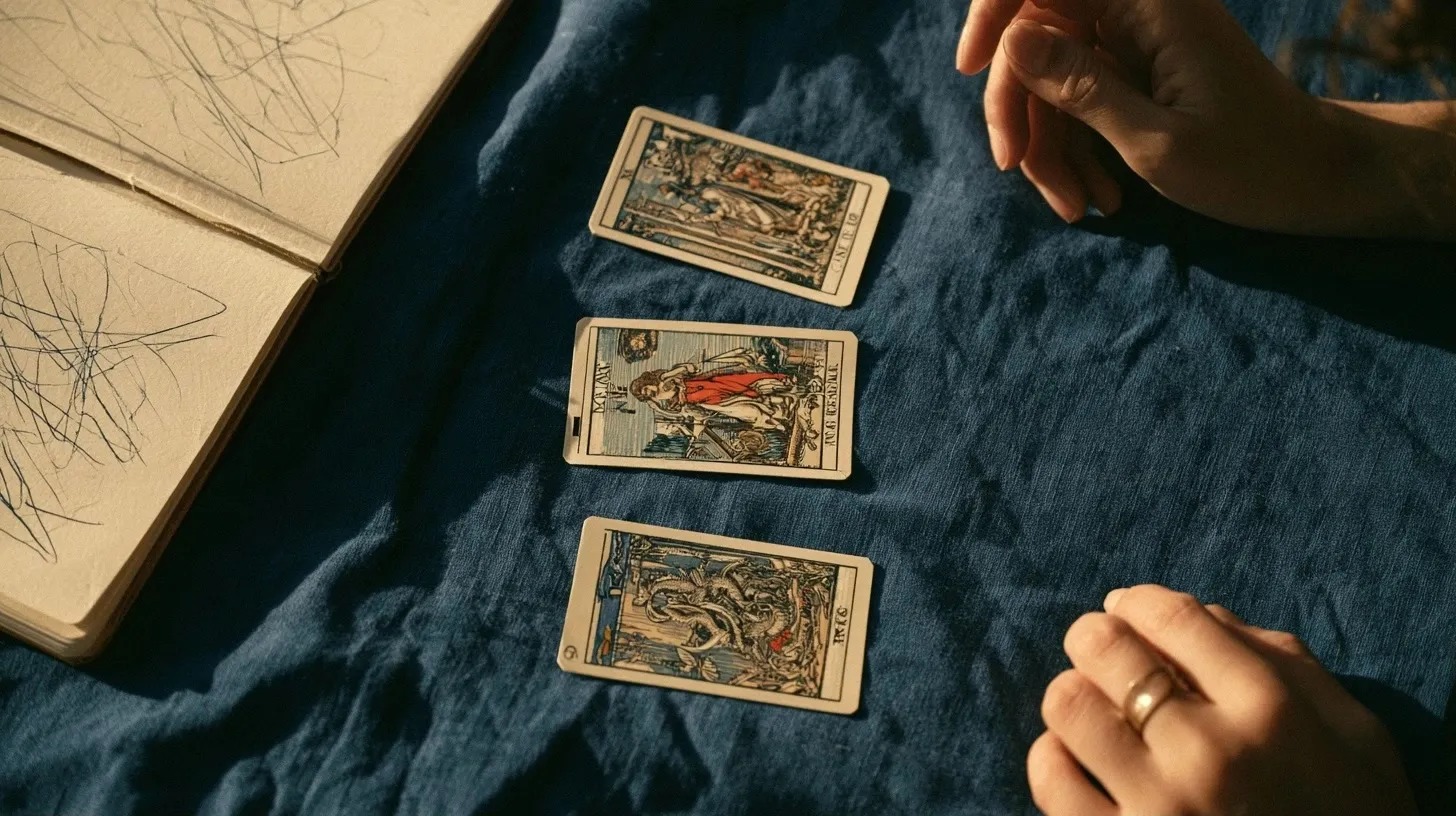 Trois cartes de tarot posées sur un tissu bleu près d’un carnet.