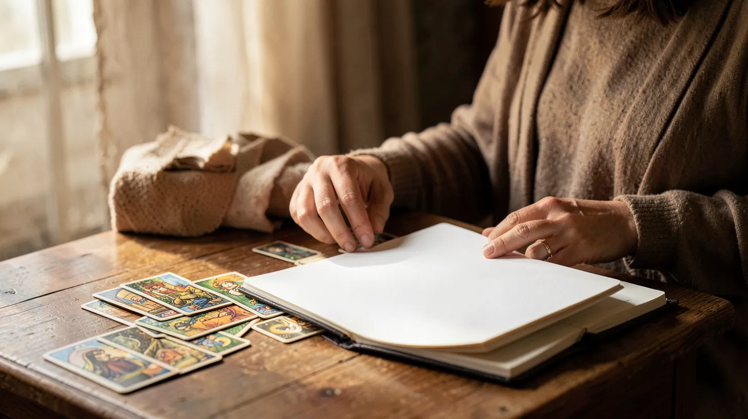 Jeu de tarot rangé près d’un carnet ouvert dans une lumière douce du matin.