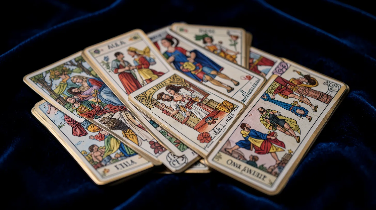 Jeu de tarot ouvert avec plusieurs arcanes sur un tissu bleu nuit