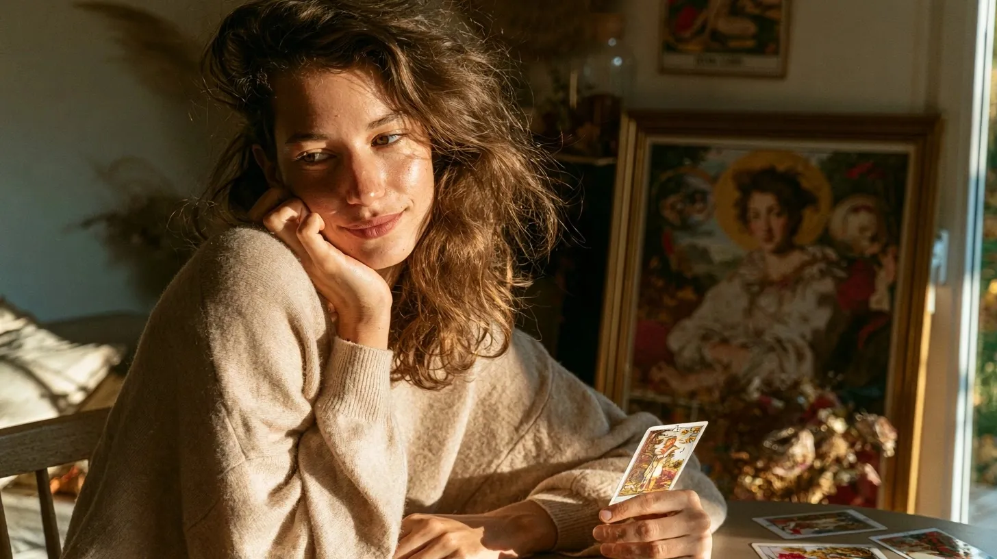 Personne observant une carte de tarot dans une lumière d’automne