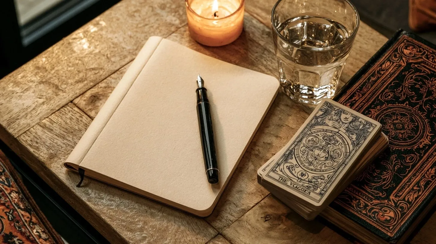 Carnet, jeu de tarot et bougie disposés dans un espace calme