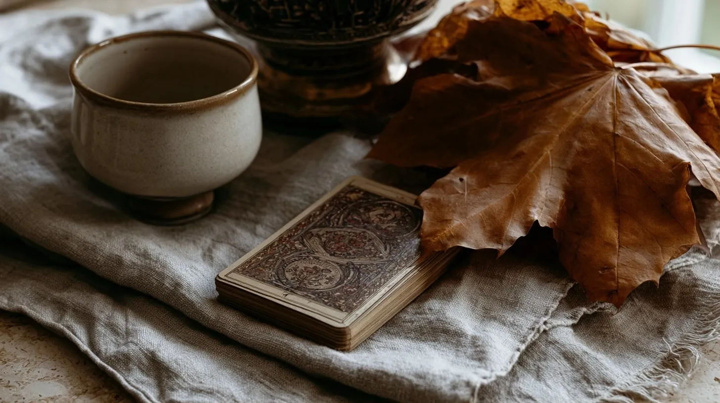 Cartes de tarot et feuilles d’automne dans une ambiance douce et contemplative