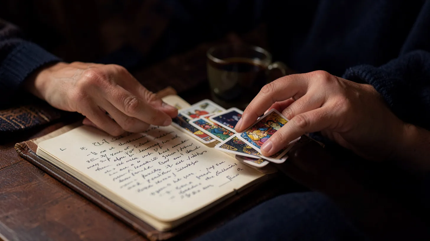 Mains disposant des cartes de tarot près d’un carnet pour réfléchir à une relation en crise.