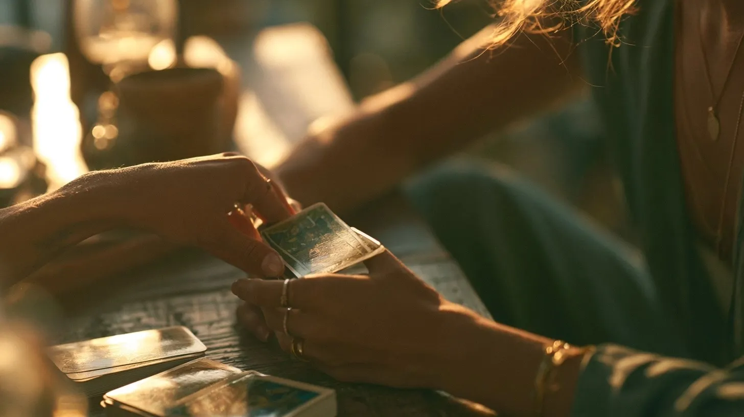 Mains rangeant doucement une carte de tarot