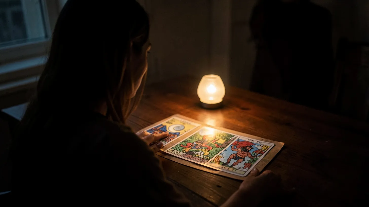 Personne réfléchissant devant un tirage de tarot dans une lumière chaleureuse