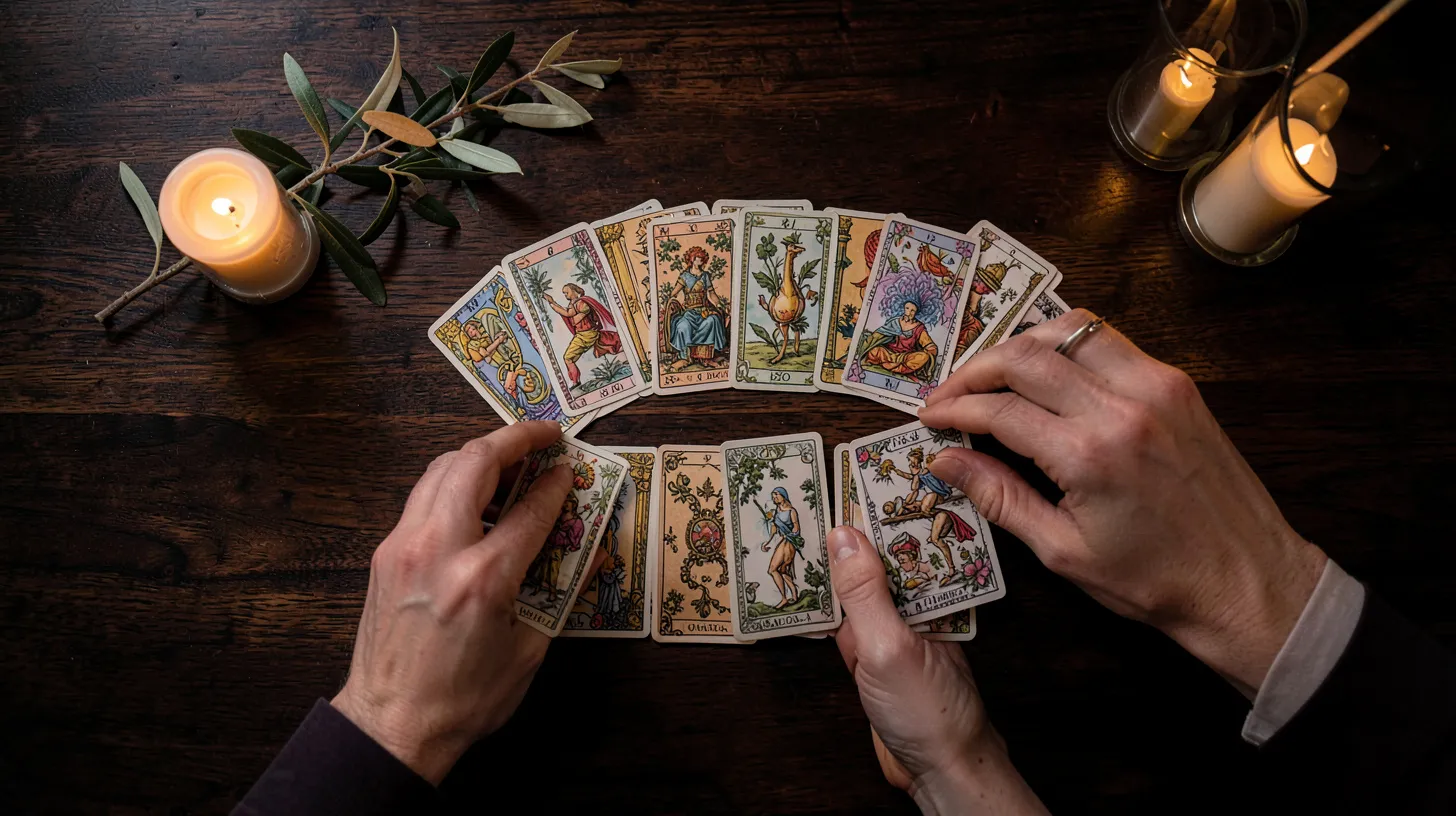 Tirage de tarot élégant avec cartes symboliques sur une table en bois sombre