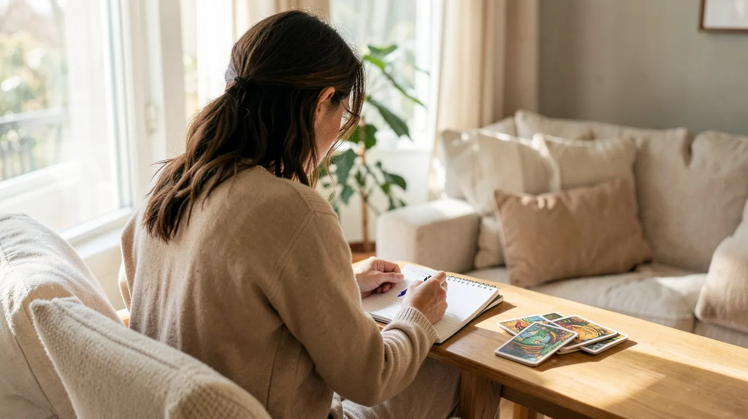 Personne assise près d’une fenêtre avec un carnet et un jeu de tarot