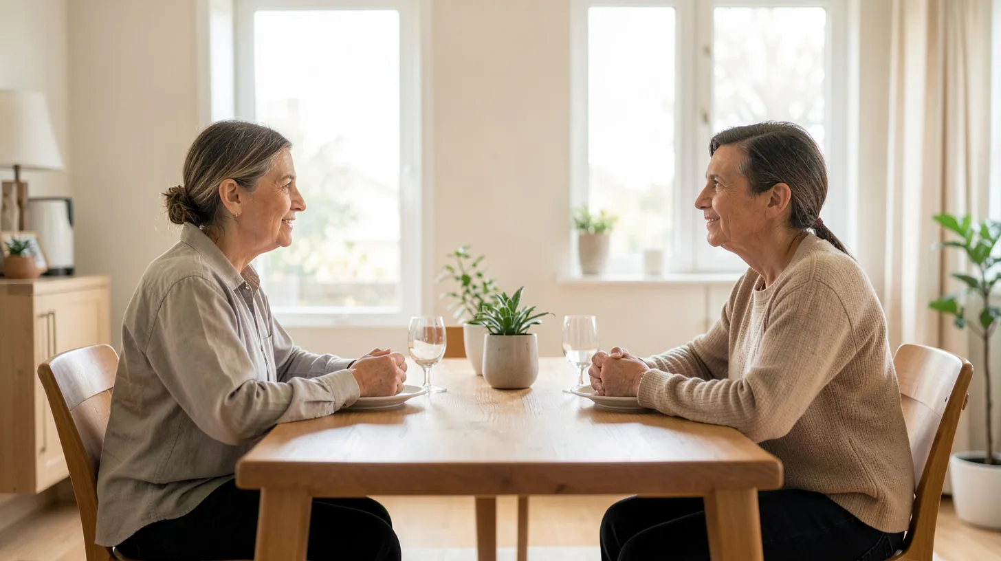 Deux adultes parlent calmement à une table dans un salon lumineux, vus de profil sans visage identifiable
