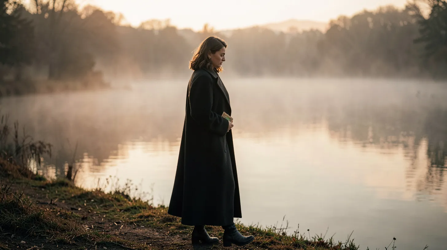 Femme marchant au bord d’un lac brumeux avec un jeu de tarot, dans une ambiance contemplative.