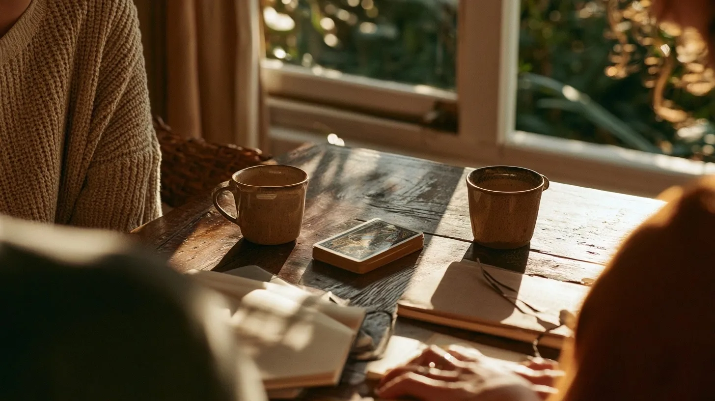 Deux tasses et un jeu de tarot sur une table près d’une fenêtre, image d’une conversation amoureuse apaisée
