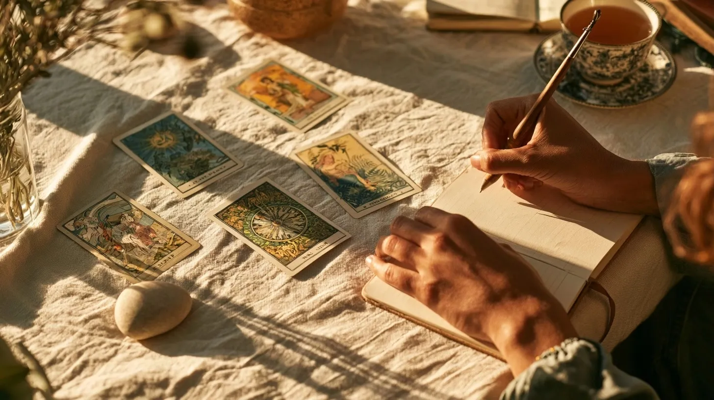 Tirage de quatre cartes de tarot avec un carnet et une main qui note une décision
