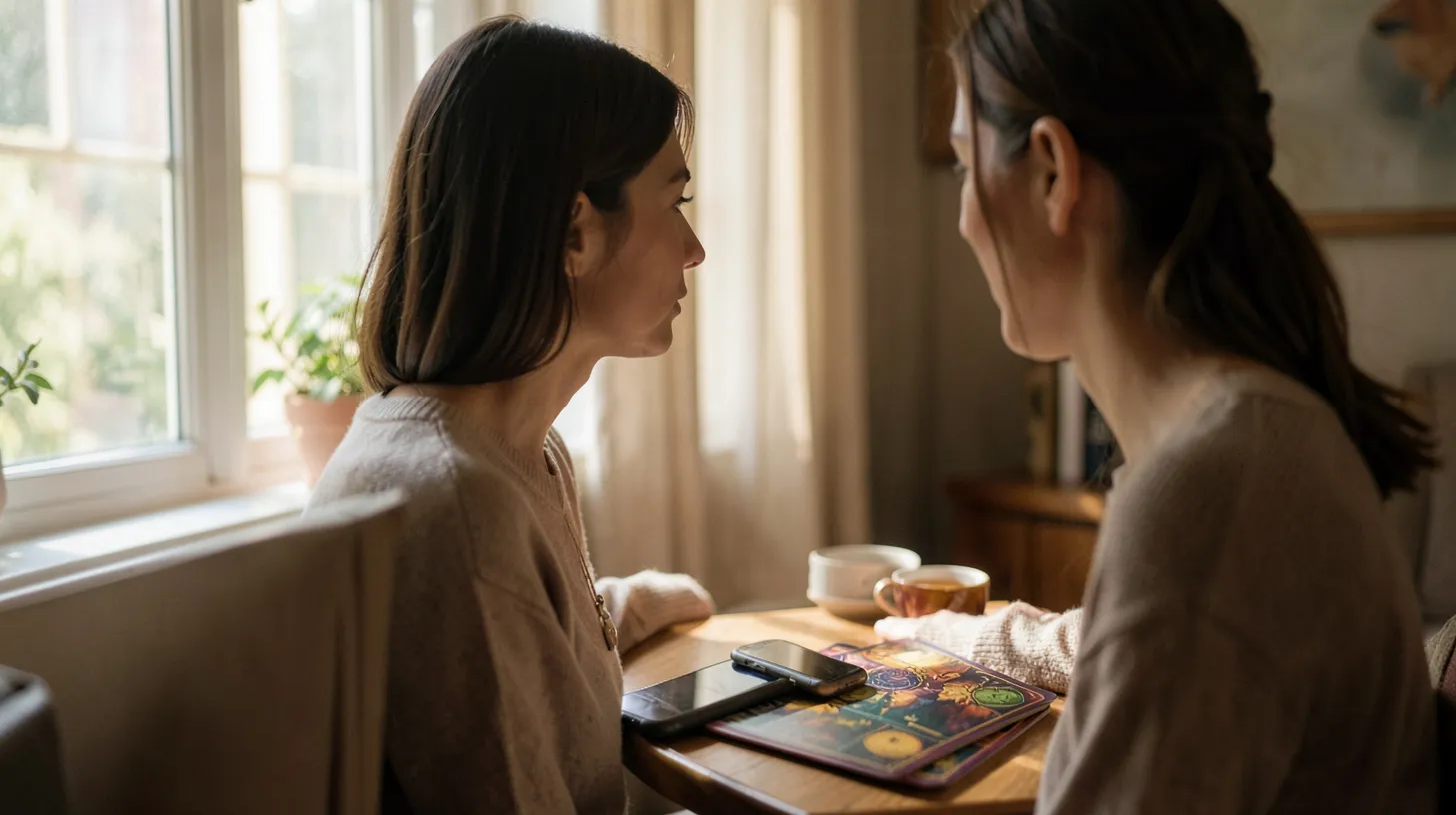 Femme pensive près d’une fenêtre avec un jeu de tarot sur une table