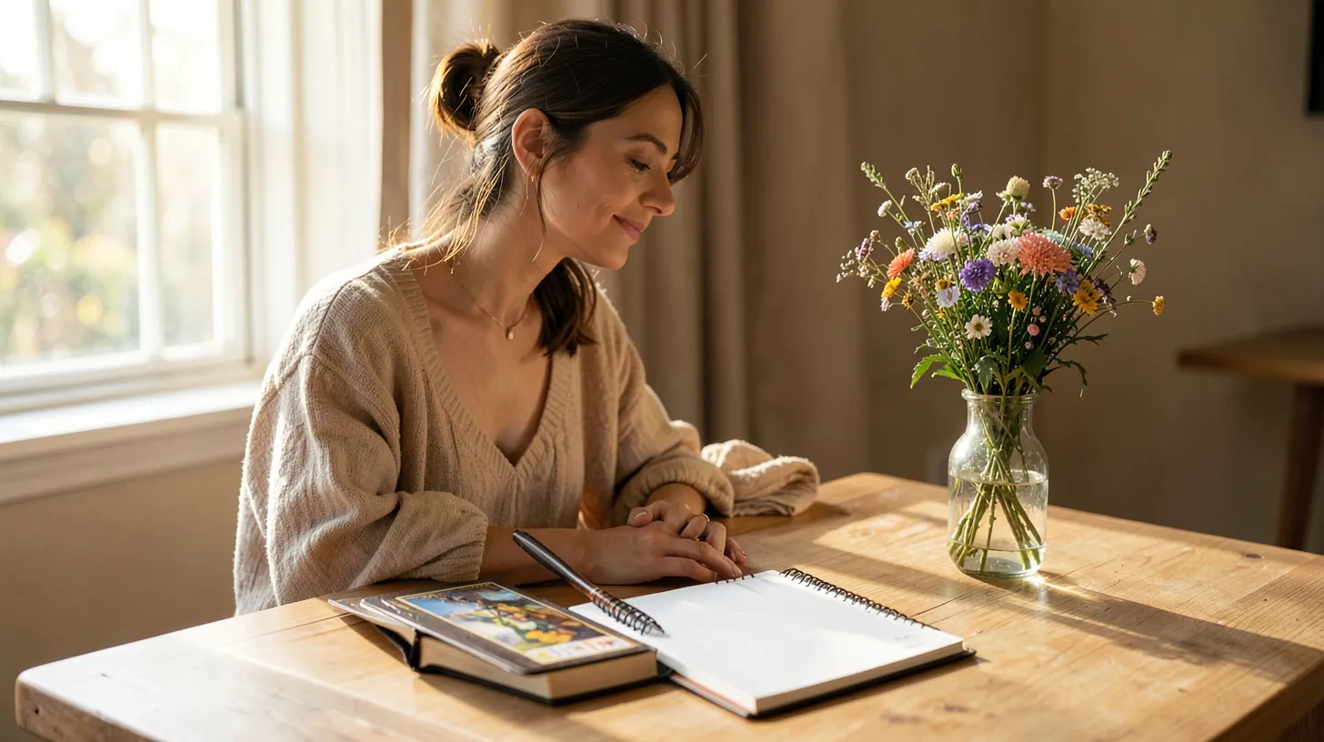 Femme au calme près d’un jeu de tarot et d’un carnet à la lumière douce