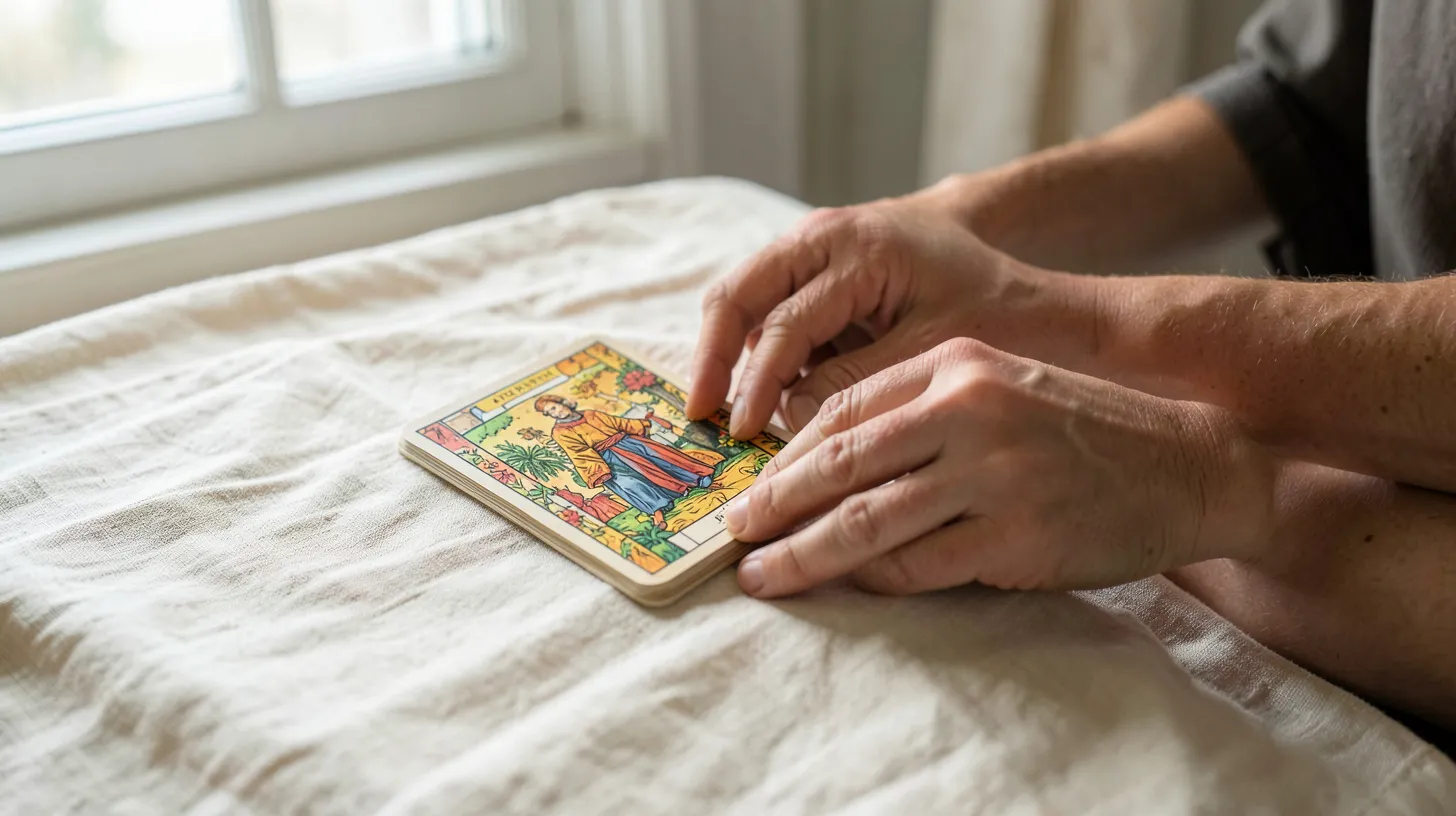 Mains mélangeant des cartes de tarot dans une lumière douce