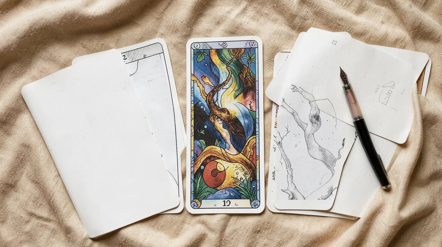 Disposition de cinq cartes de tarot sur un tissu crème avec un carnet