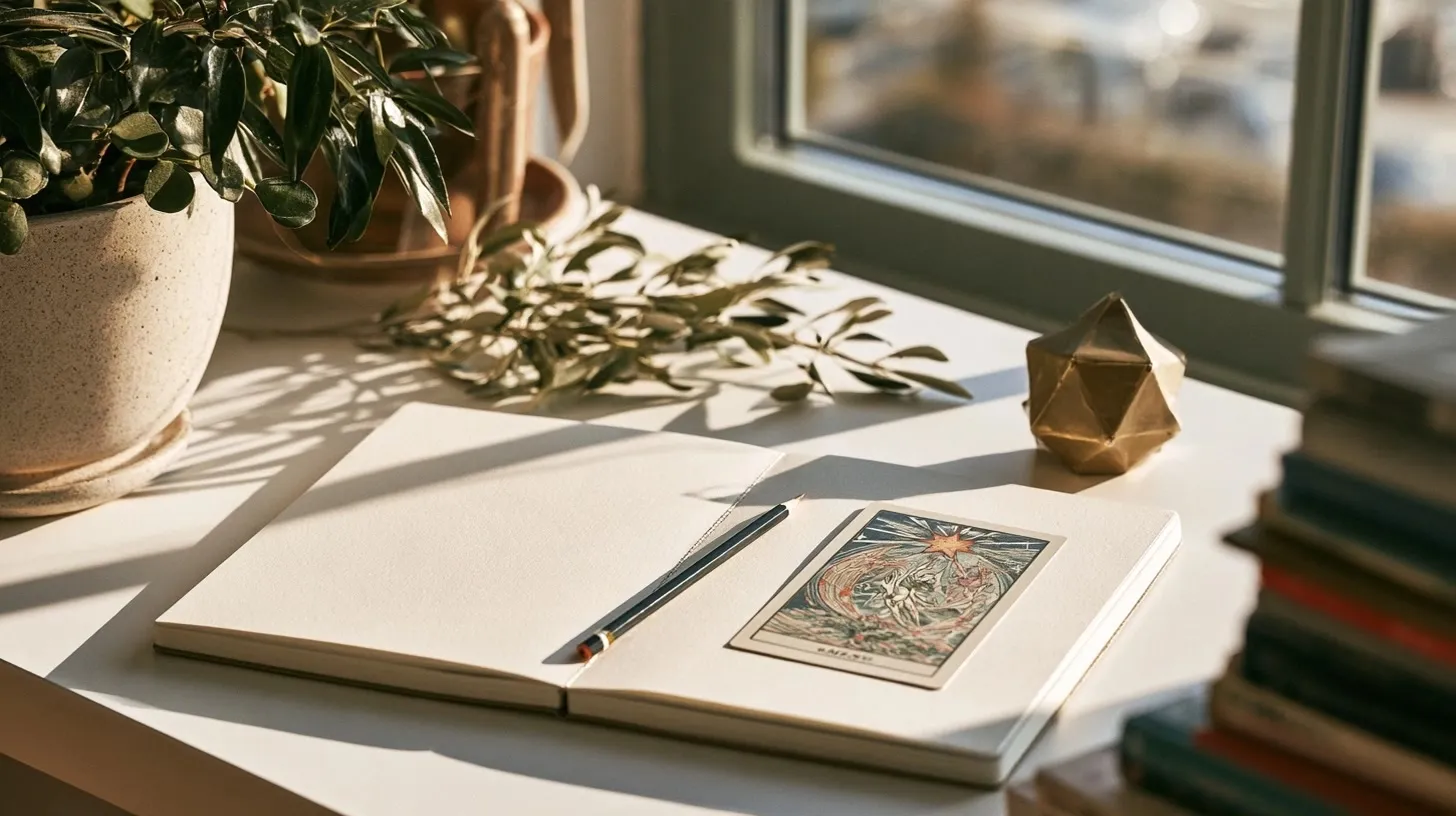 Bureau lumineux avec carnet et symbole étoilé pour évoquer une direction professionnelle retrouvée