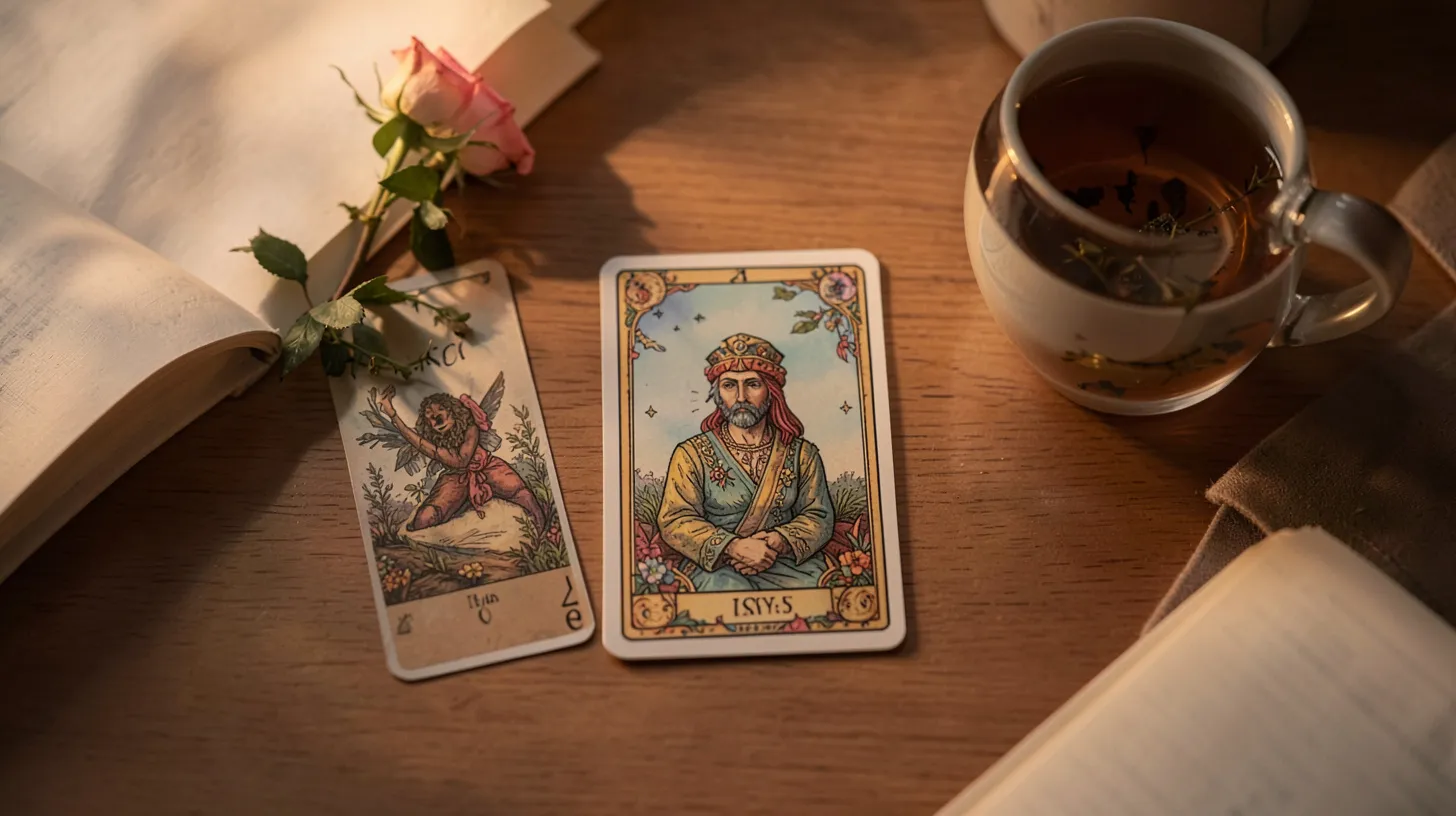 Disposition de trois cartes de tarot et d’une rose sur une table