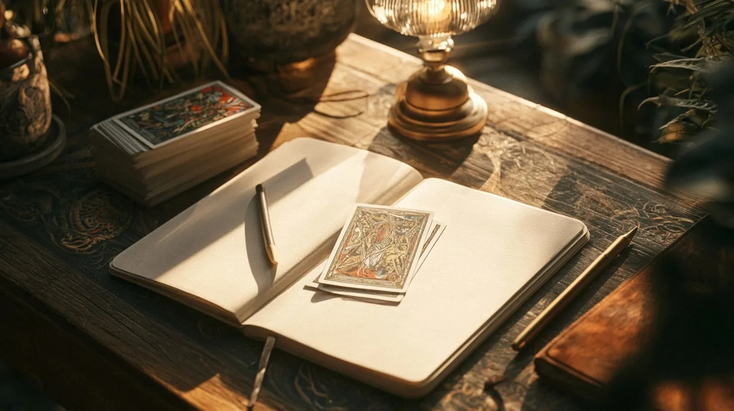 Jeu de tarot et carnet ouverts sur une table chaleureuse