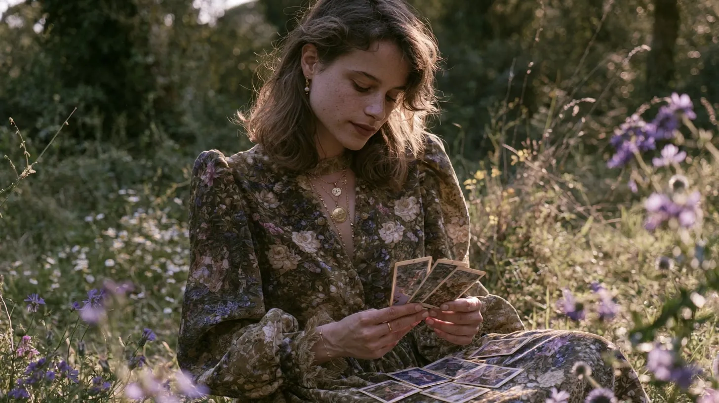 Cartes de tarot observées avec attention dans une ambiance printanière chaleureuse