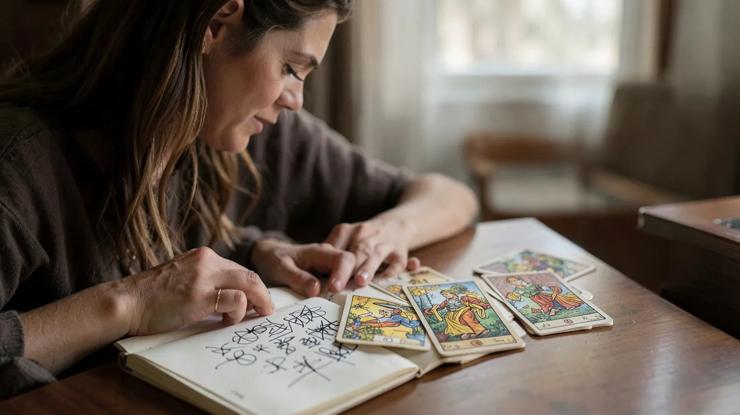 Personne observant trois cartes de tarot pour comprendre une situation amoureuse