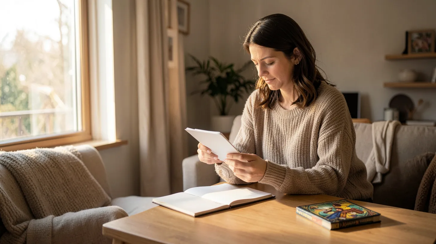 Femme relisant des notes près d’une fenêtre avec un jeu de cartes posé à distance