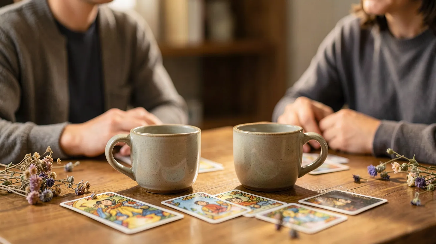 Deux tasses sur une table près de cartes sans texte et de fleurs séchées
