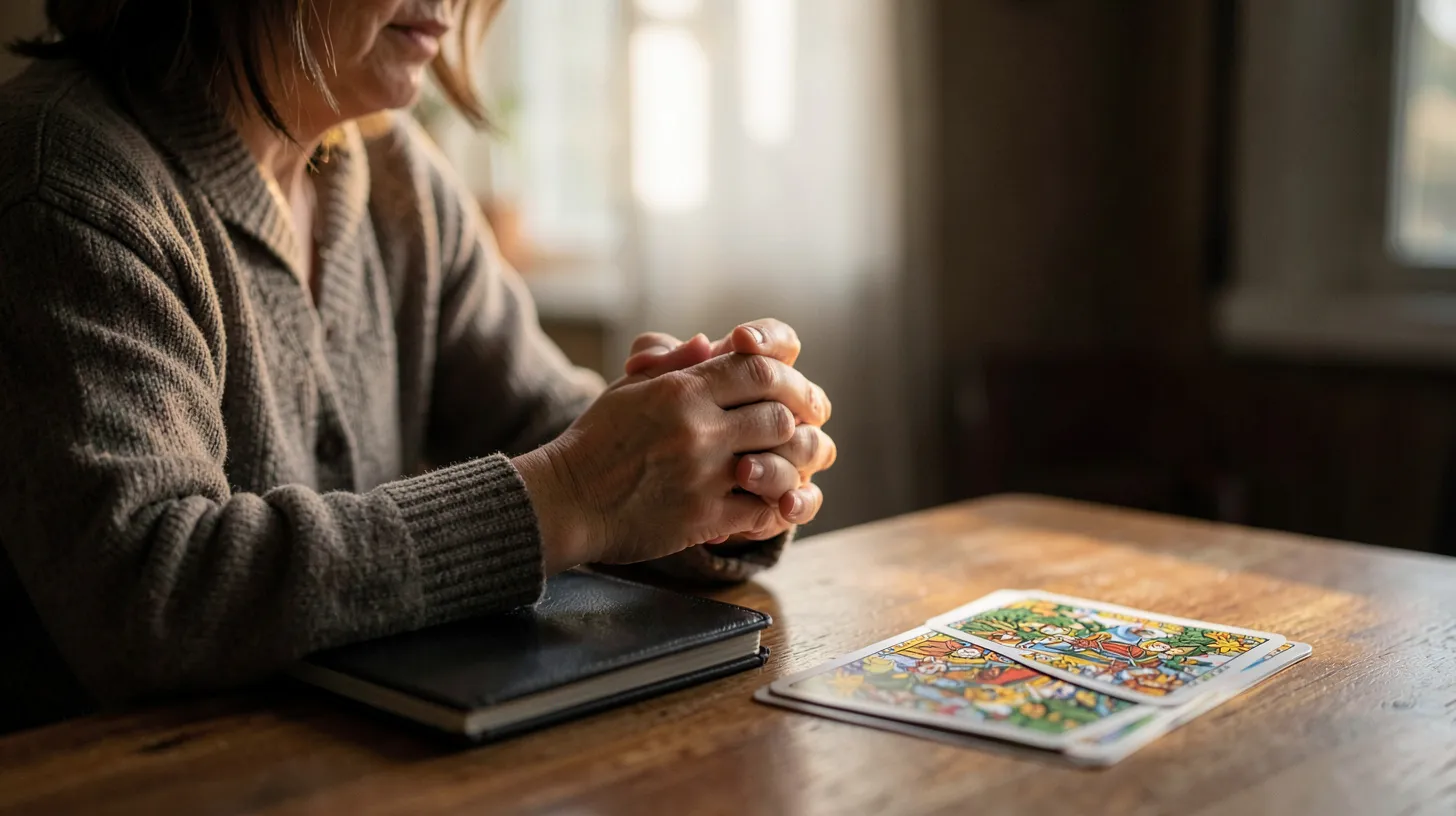 Carnet fermé, jeu de tarot sans texte et mains jointes dans une lumière calme