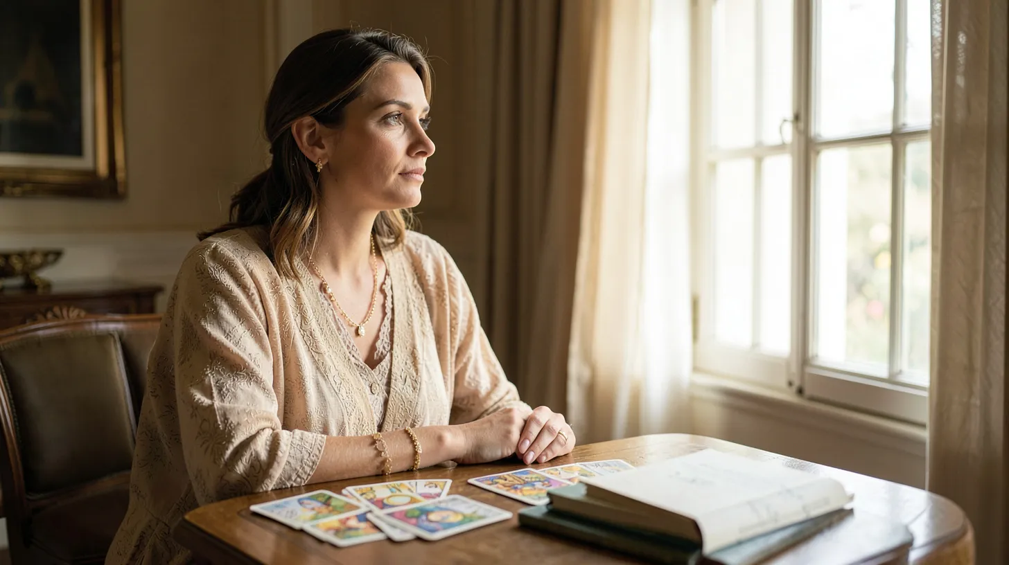 Femme adulte regardant par une fenêtre lumineuse, cartes sans texte posées devant elle