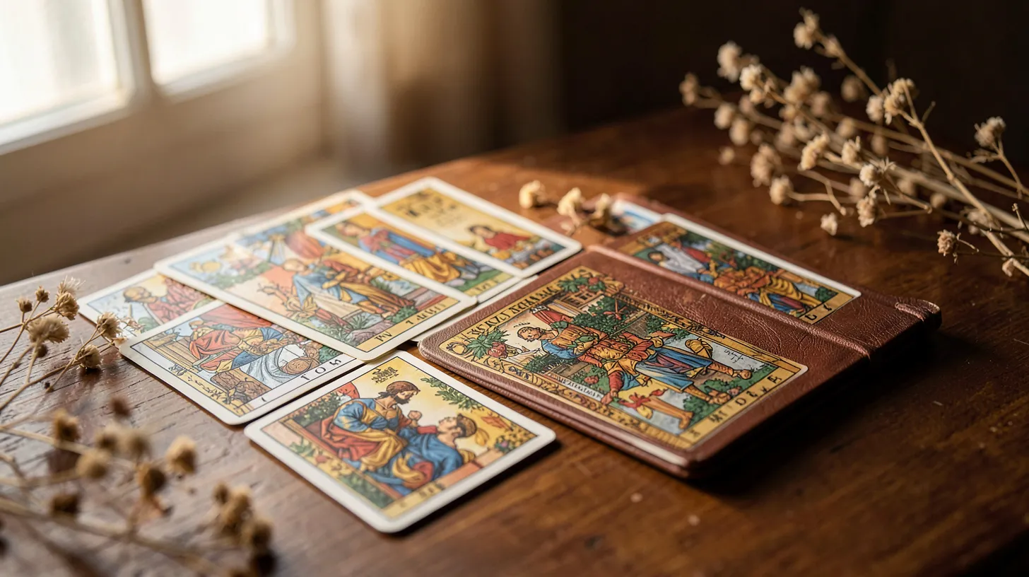 Disposition de cartes sans texte et détails dorés sur une table en bois clair