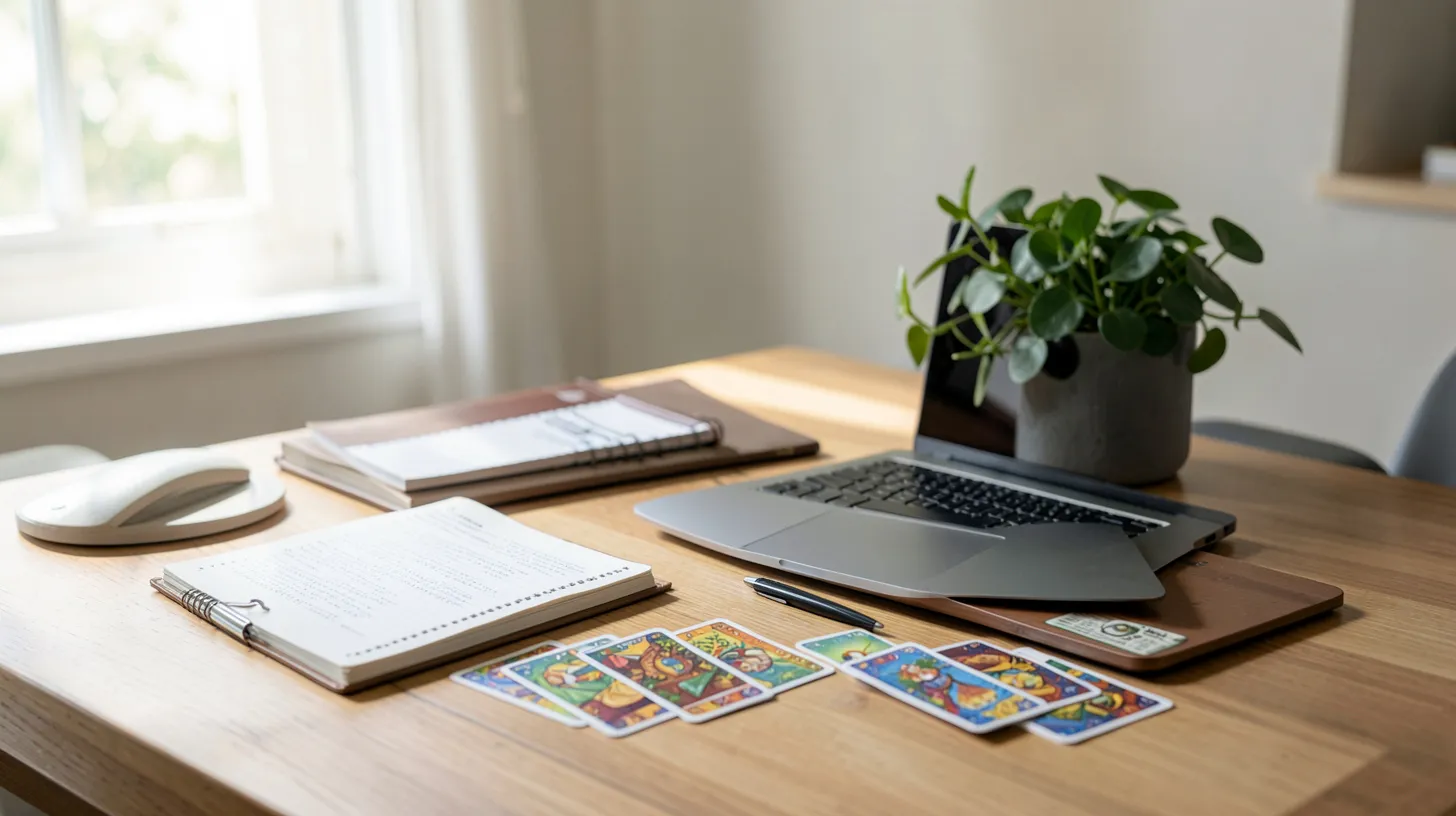 Bureau lumineux avec carnet, ordinateur fermé et cartes sans texte