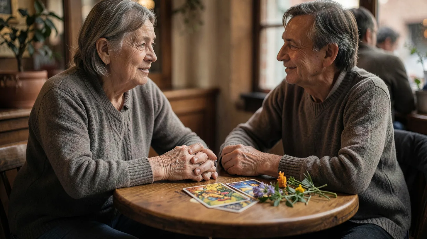 Deux personnes réunies autour d’un jeu de tarot dans une atmosphère apaisée