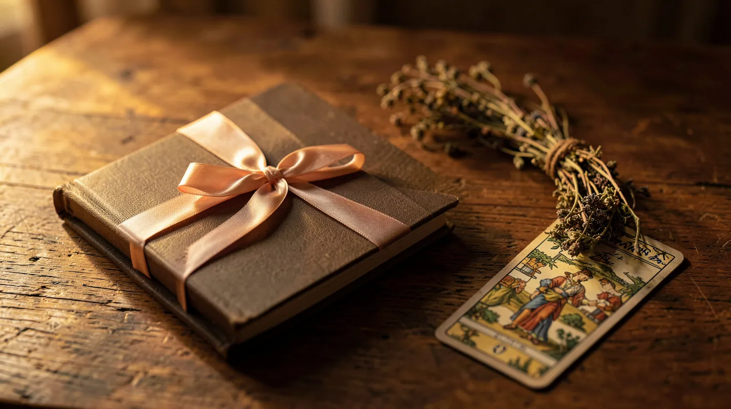 Carnet fermé, couronne végétale et carte de tarot pour symboliser une fin de cycle