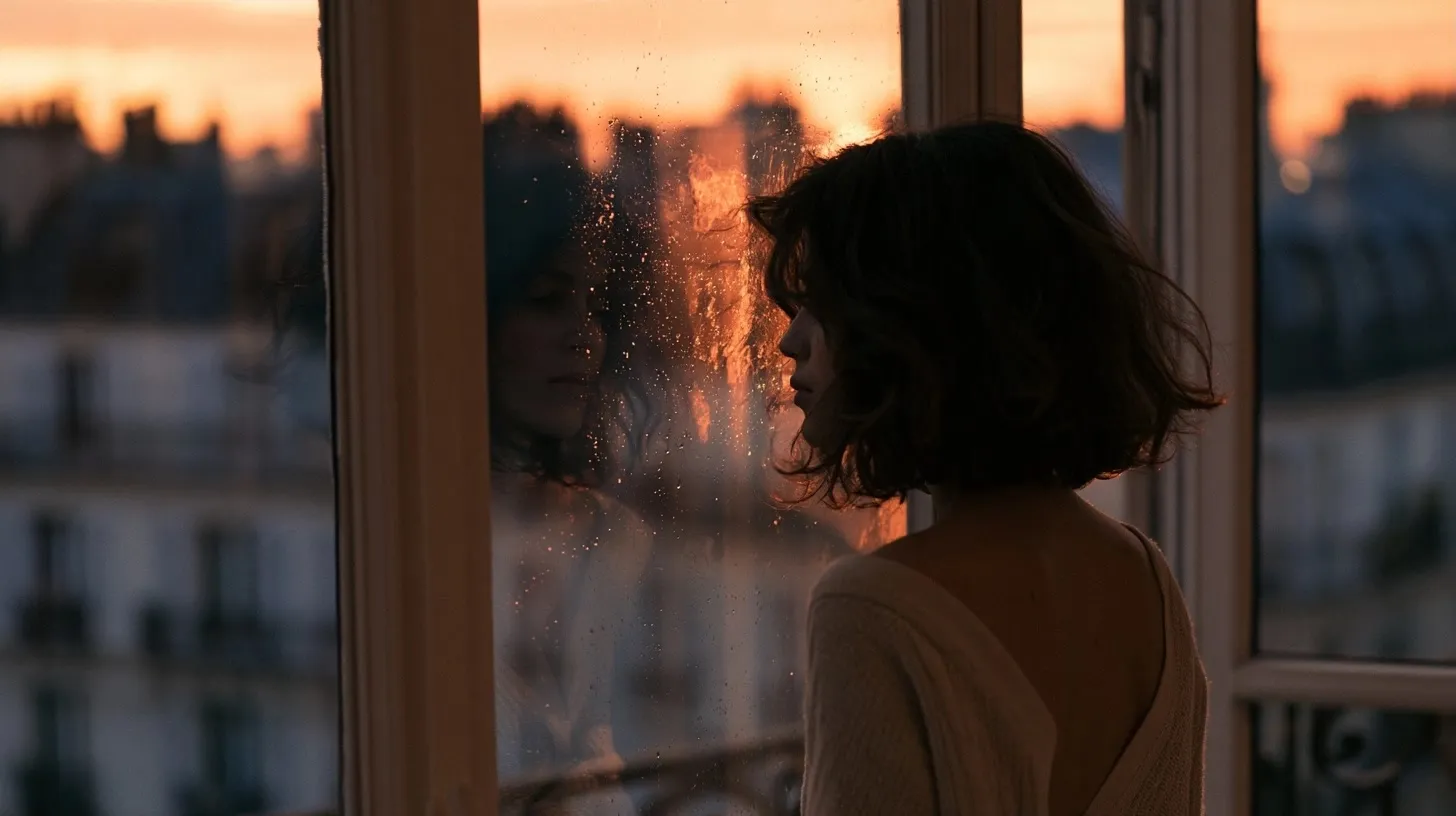 Femme contemplant son reflet inversé dans une fenêtre au coucher du soleil