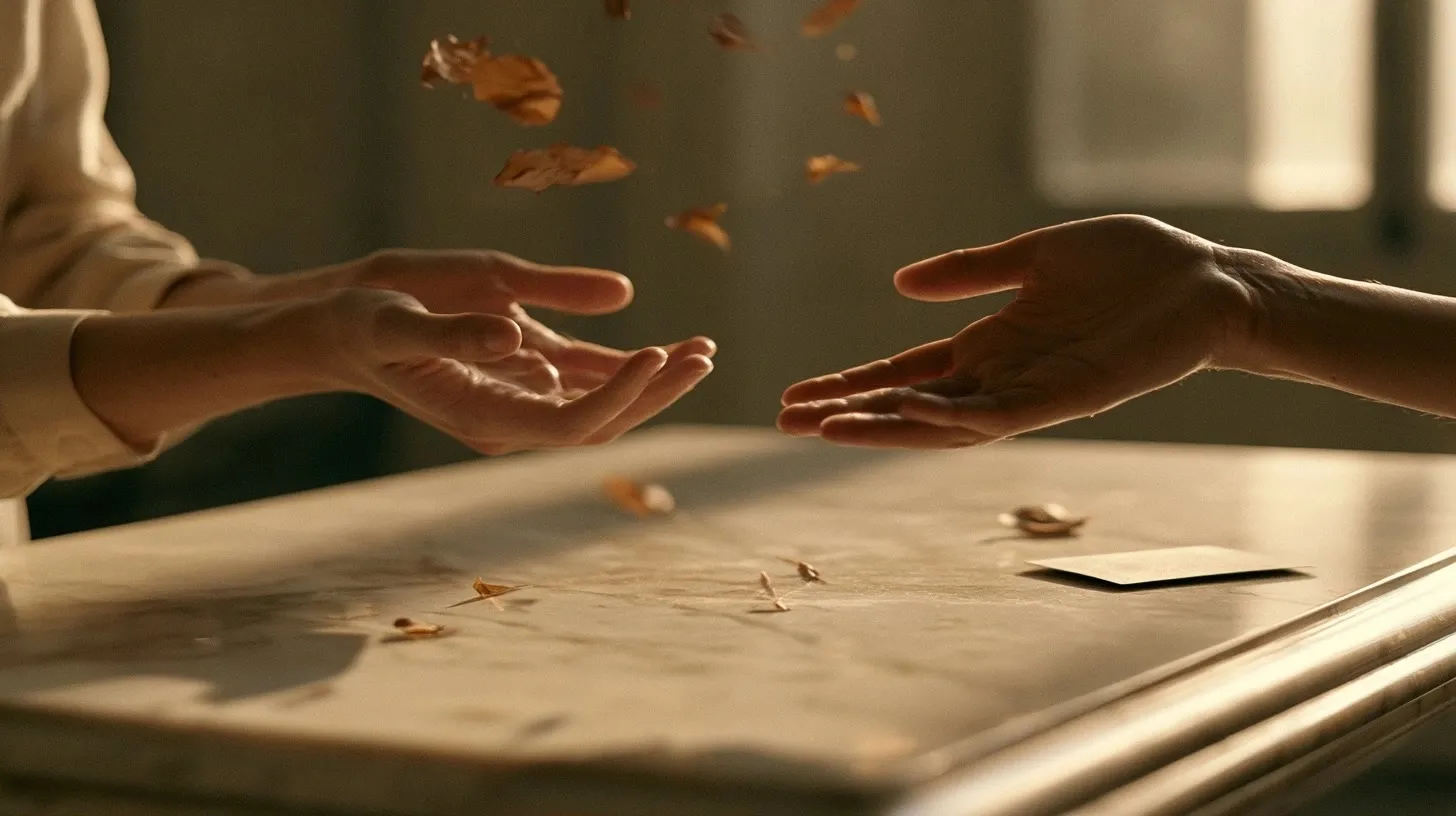 Mains ouvertes laissant s’envoler quelques feuilles dans une lumière dorée