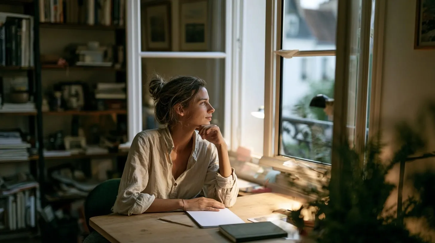 Personne réfléchissant à son projet devant un bureau lumineux et ordonné