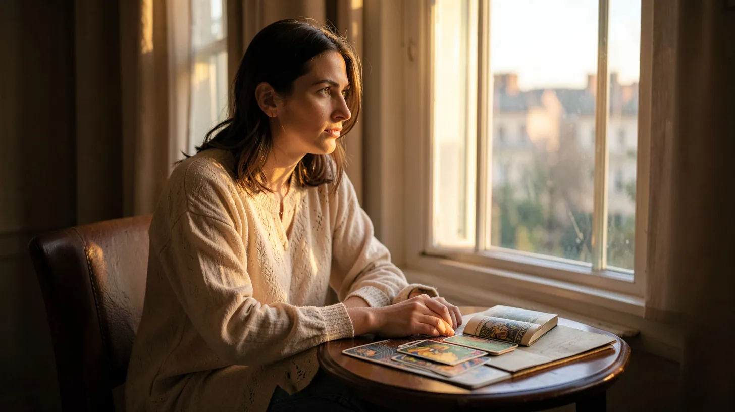 Femme assise près d’une fenêtre, cartes de tarot et carnet sur une table, dans une lumière chaude.