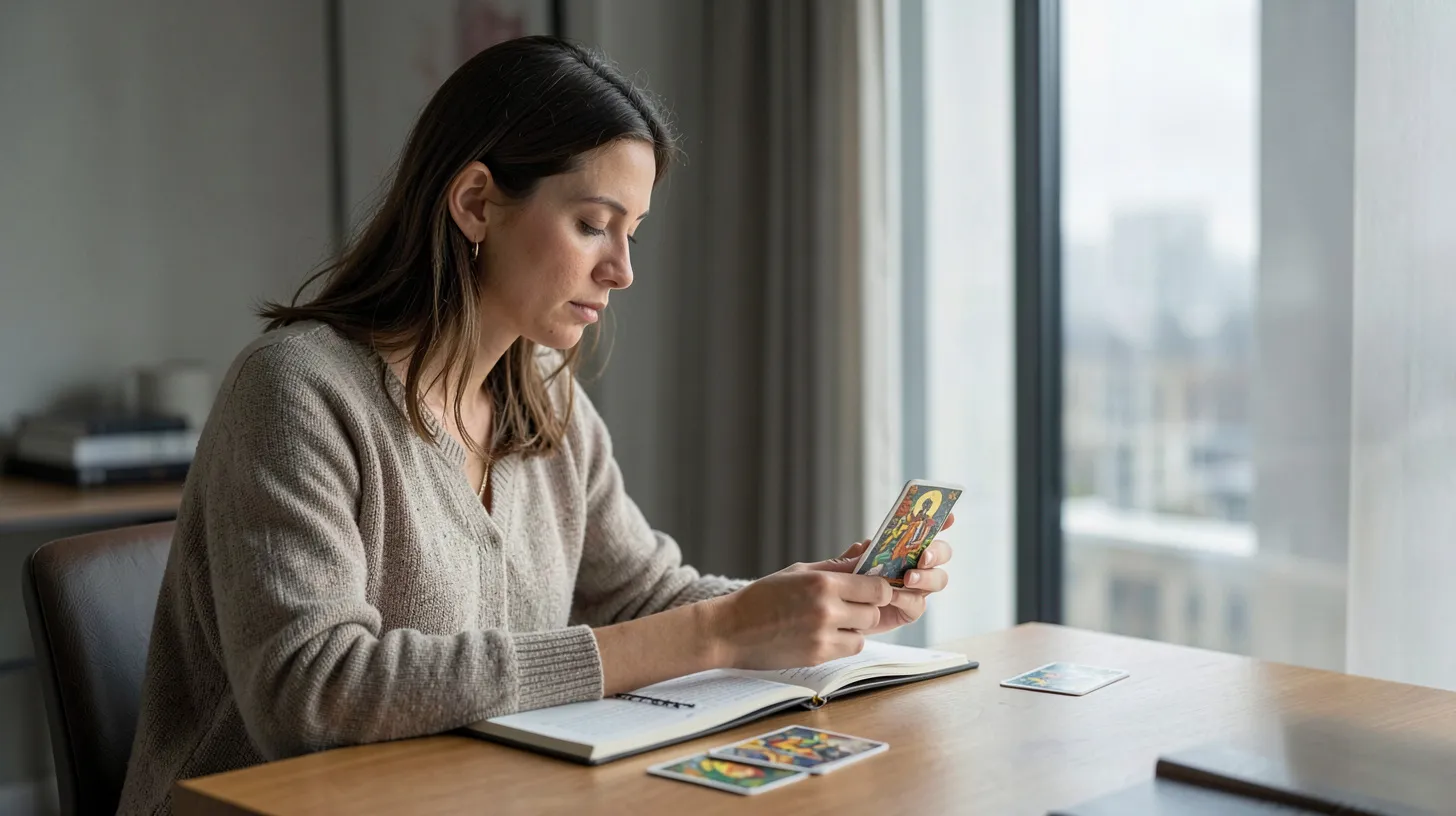 Femme observant une carte de tarot près d’une fenêtre
