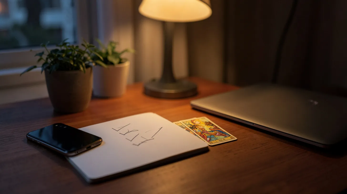 Carnet de décision, téléphone posé et cartes de tarot sur un bureau chaleureux