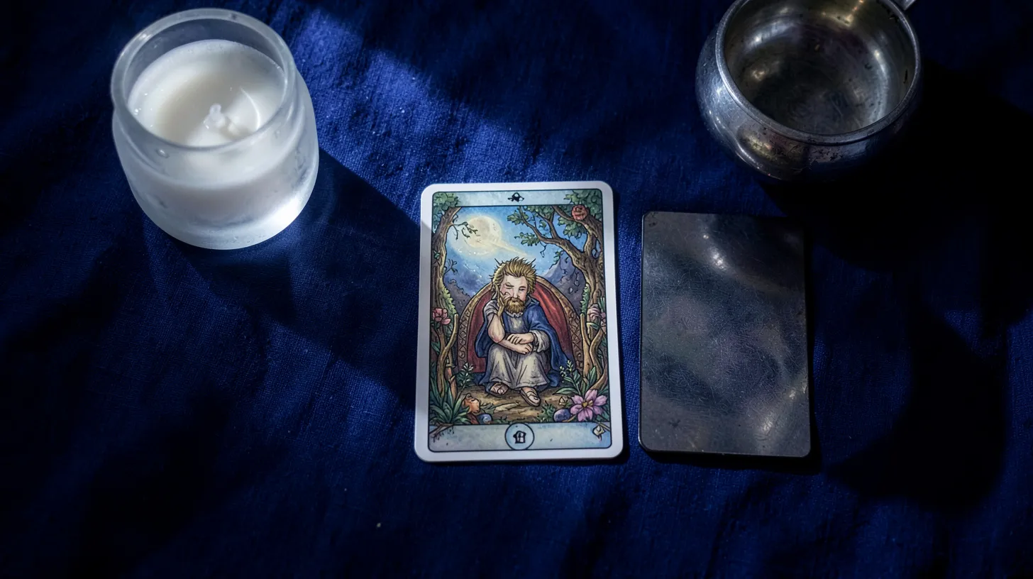 Jeu de tarot étalé sur un tissu sombre dans une lumière de lune délicate