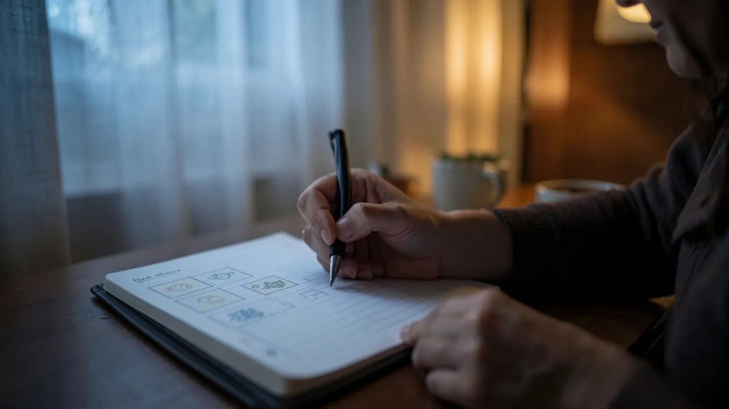 Main posée près d’un journal et de cartes de tarot dans une lumière nocturne douce