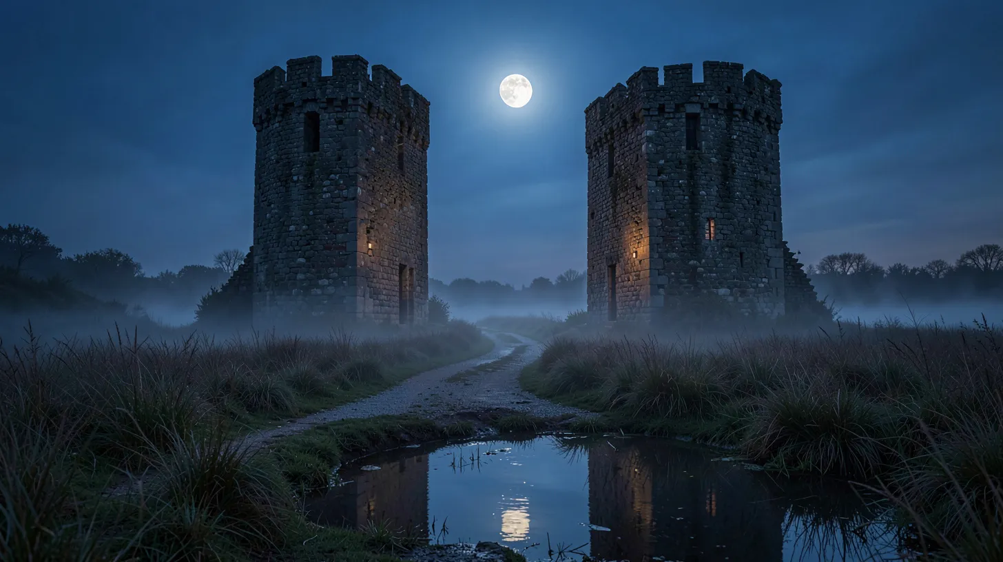 Chemin nocturne entre deux silhouettes de tours sous une lune voilée