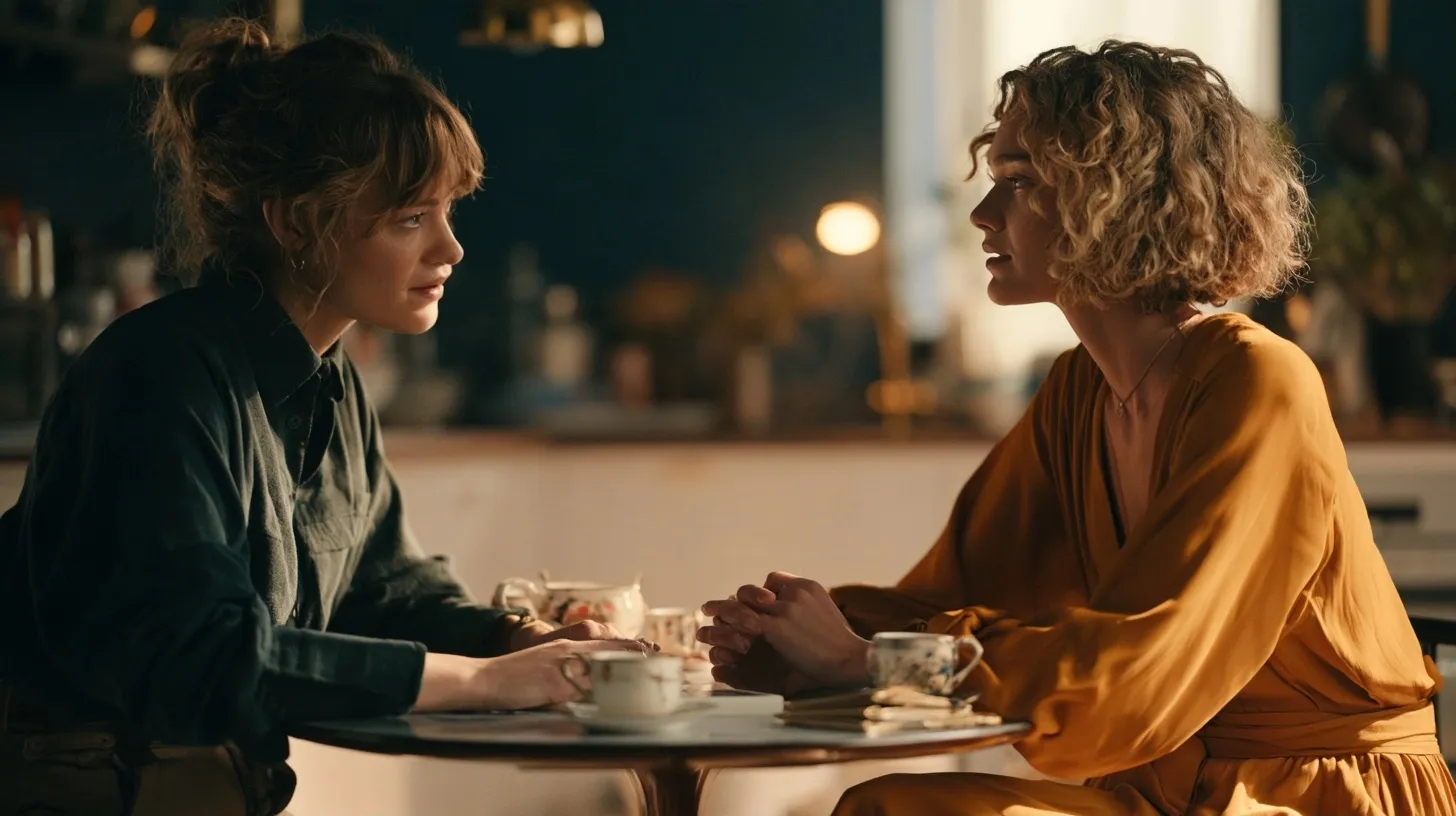 Deux adultes échangent calmement autour d’une table, avec un jeu de tarot discret, pour évoquer une conversation honnête dans le couple.